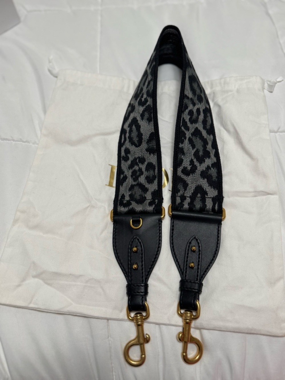 Dior Black and Gray Leopard Jacquard Shoulder Strap with Gold-Tone Hardware
